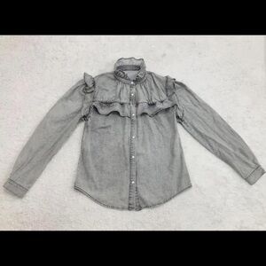 Gray Denim Ruffled Long Sleeve Shirt